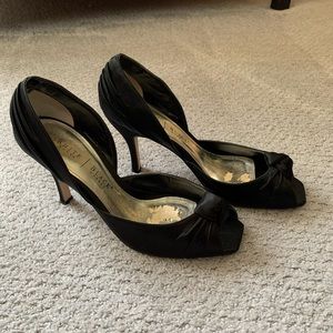 Whit House Black Market Black Satin Peep-Toe Pumps